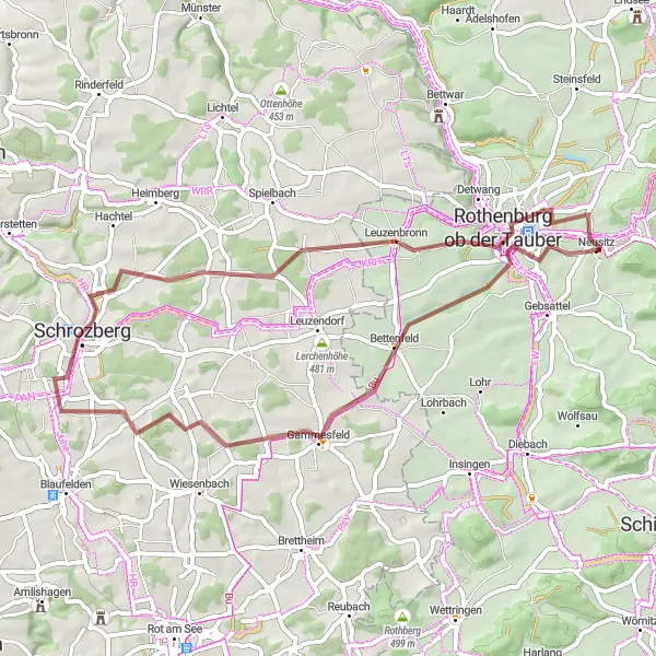 Map miniature of "Gammesfeld to Rothenburg ob der Tauber Gravel Route" cycling inspiration in Mittelfranken, Germany. Generated by Tarmacs.app cycling route planner