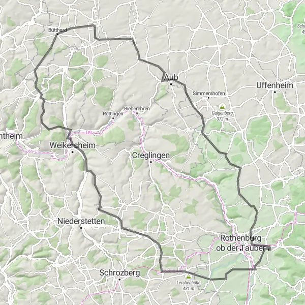 Map miniature of "Gebsattel to Schloßberg Road Route" cycling inspiration in Mittelfranken, Germany. Generated by Tarmacs.app cycling route planner