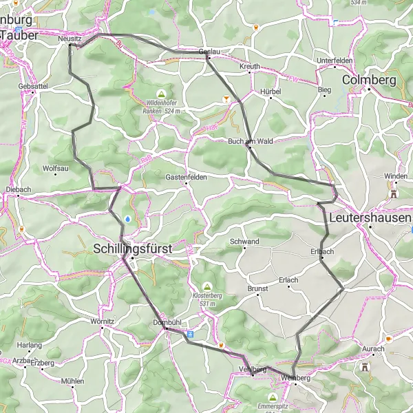 Map miniature of "Buch am Wald Loop" cycling inspiration in Mittelfranken, Germany. Generated by Tarmacs.app cycling route planner