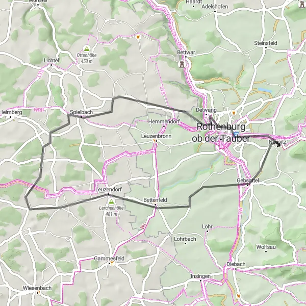 Map miniature of "Gebsattel Explorer" cycling inspiration in Mittelfranken, Germany. Generated by Tarmacs.app cycling route planner