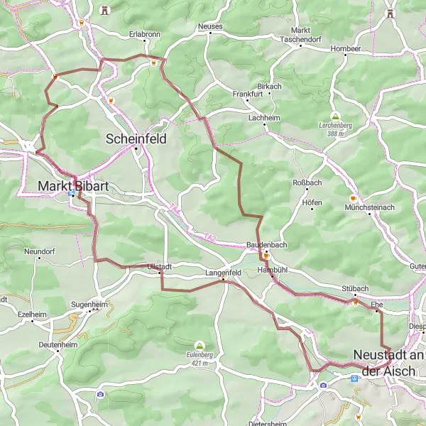 Karten-Miniaturansicht der Radinspiration "Gravelabenteuer Kapellsberg-Weingartsberg-Hambühl-Neustadt an der Aisch" in Mittelfranken, Germany. Erstellt vom Tarmacs.app-Routenplaner für Radtouren