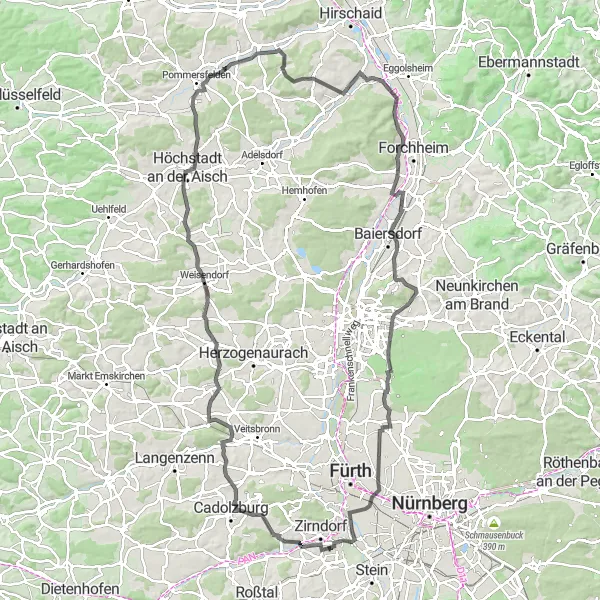 Map miniature of "Hilltop Delights Road Loop" cycling inspiration in Mittelfranken, Germany. Generated by Tarmacs.app cycling route planner