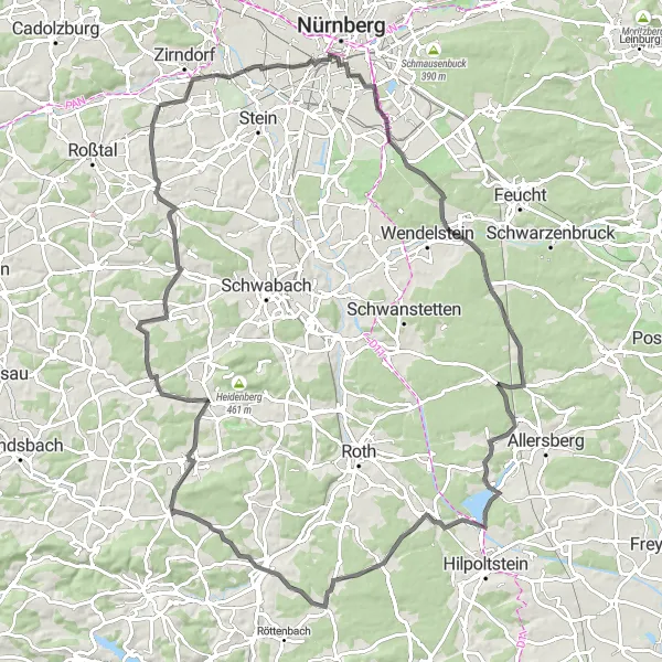 Map miniature of "Oberasbach Hills Road Loop" cycling inspiration in Mittelfranken, Germany. Generated by Tarmacs.app cycling route planner