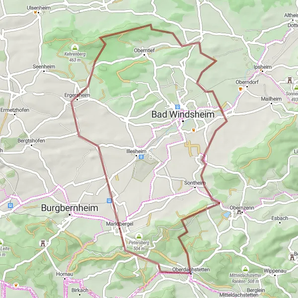 Karten-Miniaturansicht der Radinspiration "Gemütliche Graveltour rund um Oberdachstetten" in Mittelfranken, Germany. Erstellt vom Tarmacs.app-Routenplaner für Radtouren