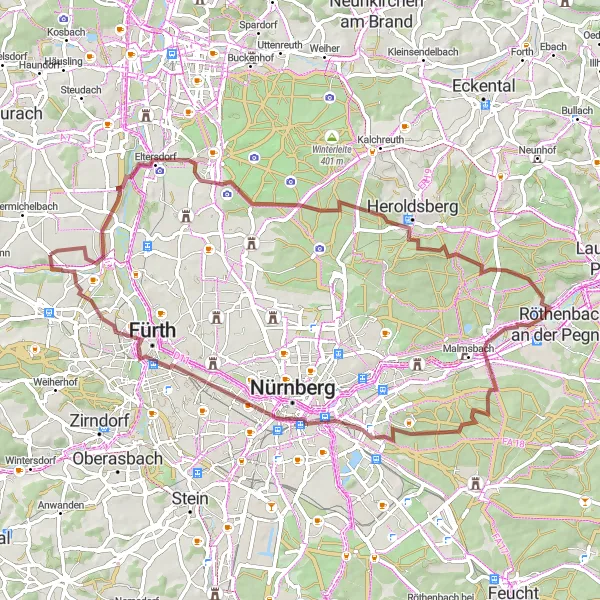 Karten-Miniaturansicht der Radinspiration "Gravel-Tour zum Zusammenfluss Pegnitz und Rednitz" in Mittelfranken, Germany. Erstellt vom Tarmacs.app-Routenplaner für Radtouren