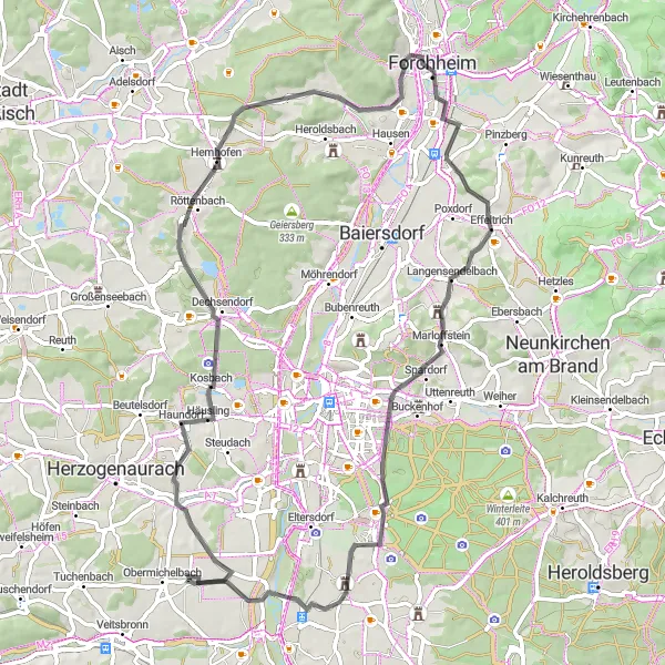 Karten-Miniaturansicht der Radinspiration "Rundkurs durch Häusling und Burgstall im Lohe" in Mittelfranken, Germany. Erstellt vom Tarmacs.app-Routenplaner für Radtouren