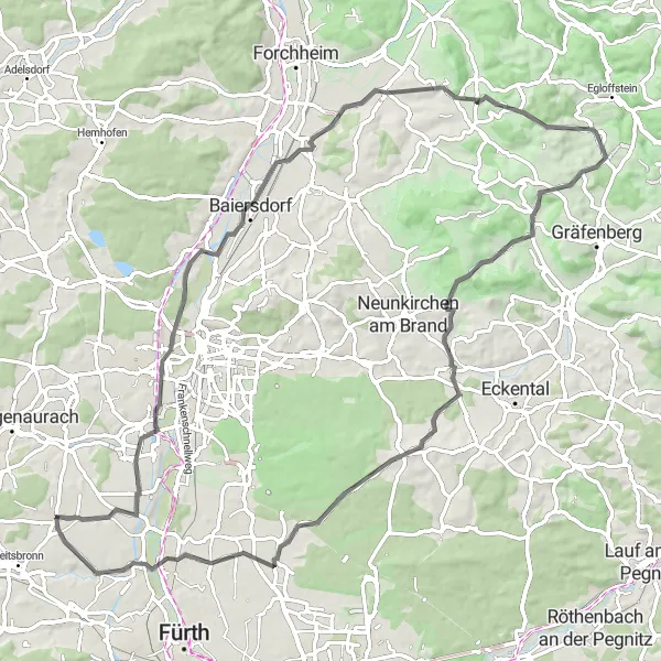 Karten-Miniaturansicht der Radinspiration "Rundweg durch Ermreuth und Flexdorf" in Mittelfranken, Germany. Erstellt vom Tarmacs.app-Routenplaner für Radtouren