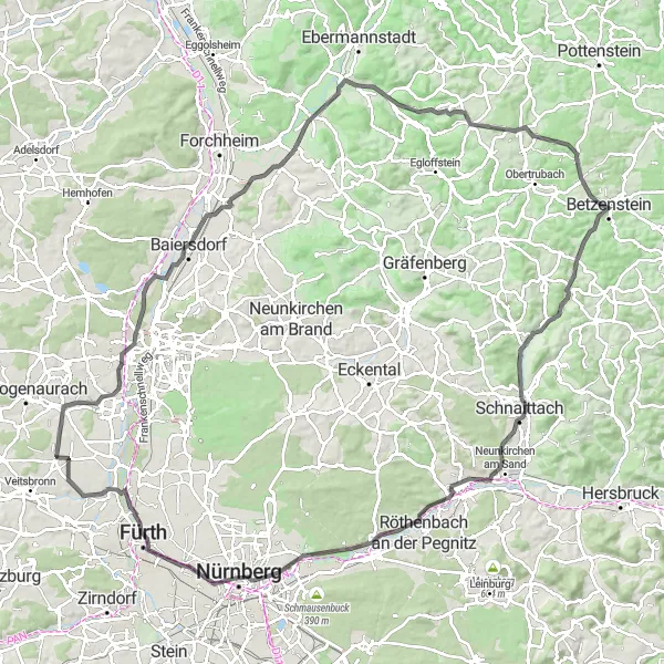 Karten-Miniaturansicht der Radinspiration "Herausforderung auf dem Hühnerstein und Bug" in Mittelfranken, Germany. Erstellt vom Tarmacs.app-Routenplaner für Radtouren