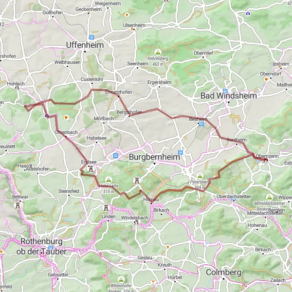 Karten-Miniaturansicht der Radinspiration "Gravel-Ausflug um Obernzenn" in Mittelfranken, Germany. Erstellt vom Tarmacs.app-Routenplaner für Radtouren
