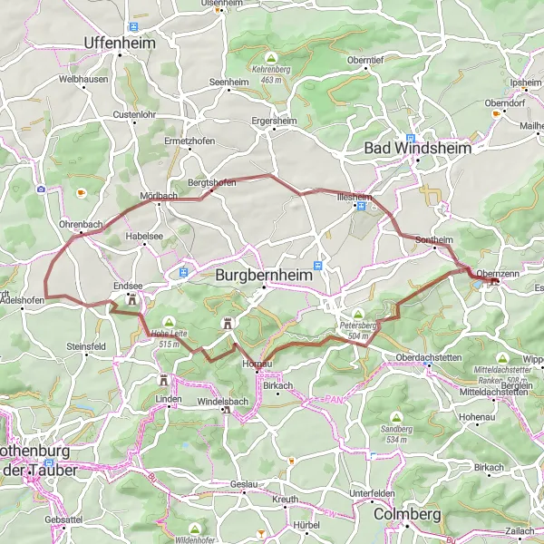 Karten-Miniaturansicht der Radinspiration "Gravel Tour um Obernzenn" in Mittelfranken, Germany. Erstellt vom Tarmacs.app-Routenplaner für Radtouren