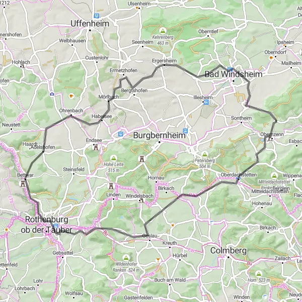 Karten-Miniaturansicht der Radinspiration "Rundtour durch die Hügel von Mittelfranken" in Mittelfranken, Germany. Erstellt vom Tarmacs.app-Routenplaner für Radtouren
