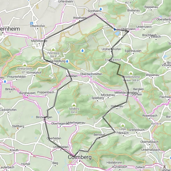 Karten-Miniaturansicht der Radinspiration "Straßentour um Obernzenn" in Mittelfranken, Germany. Erstellt vom Tarmacs.app-Routenplaner für Radtouren