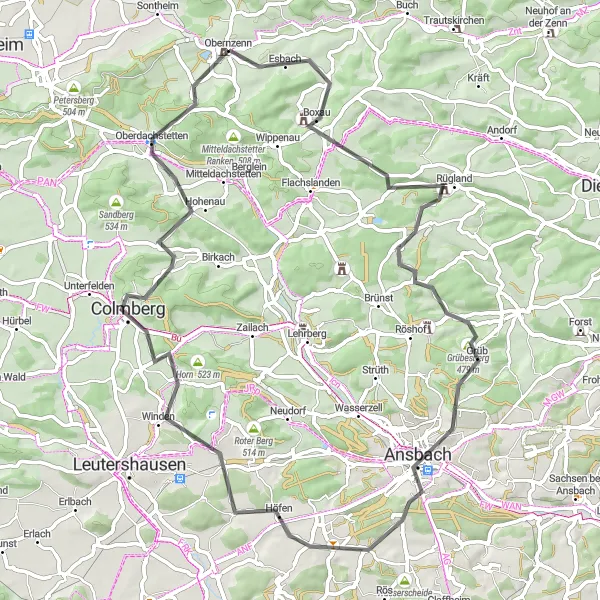 Karten-Miniaturansicht der Radinspiration "Radroute um Obernzenn" in Mittelfranken, Germany. Erstellt vom Tarmacs.app-Routenplaner für Radtouren
