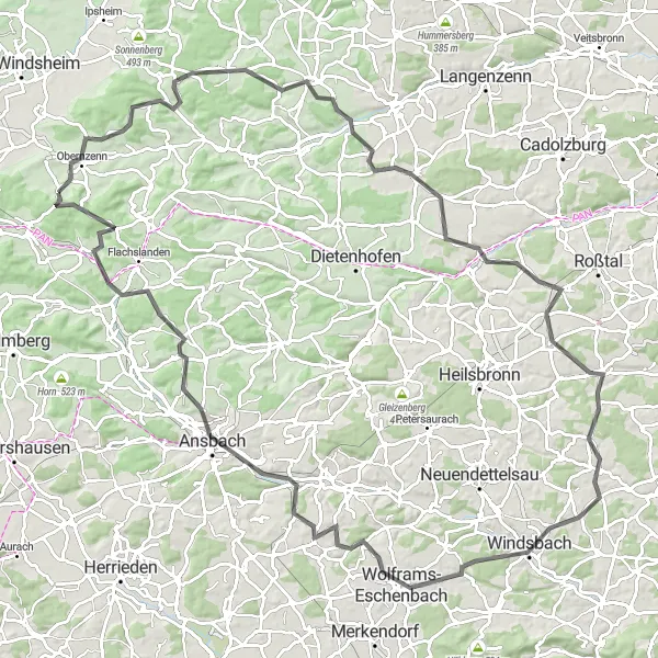 Karten-Miniaturansicht der Radinspiration "Road Trip um Obernzenn" in Mittelfranken, Germany. Erstellt vom Tarmacs.app-Routenplaner für Radtouren