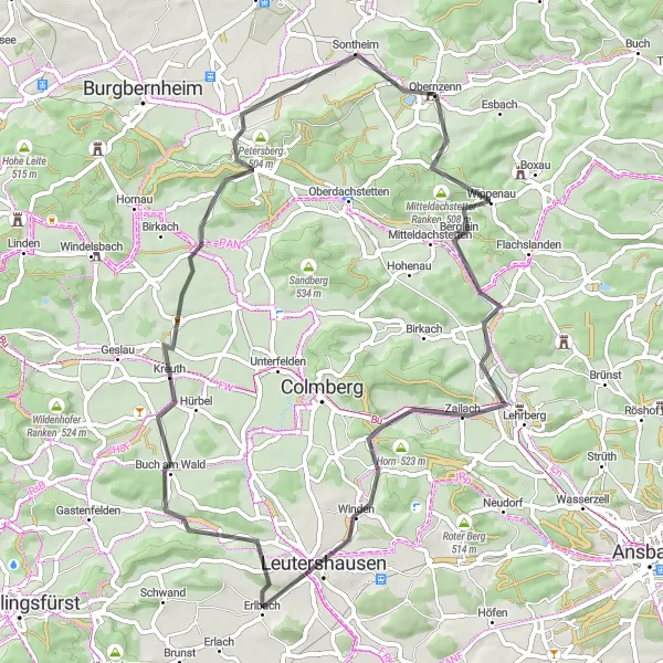 Karten-Miniaturansicht der Radinspiration "Obernzenn Road Cycling Adventure" in Mittelfranken, Germany. Erstellt vom Tarmacs.app-Routenplaner für Radtouren