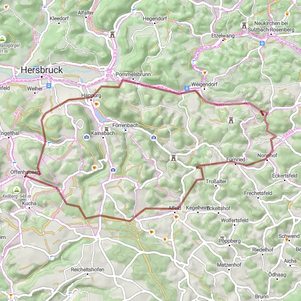 Karten-Miniaturansicht der Radinspiration "Gravel-Tour Lindenbühl - Breitenbrunn" in Mittelfranken, Germany. Erstellt vom Tarmacs.app-Routenplaner für Radtouren