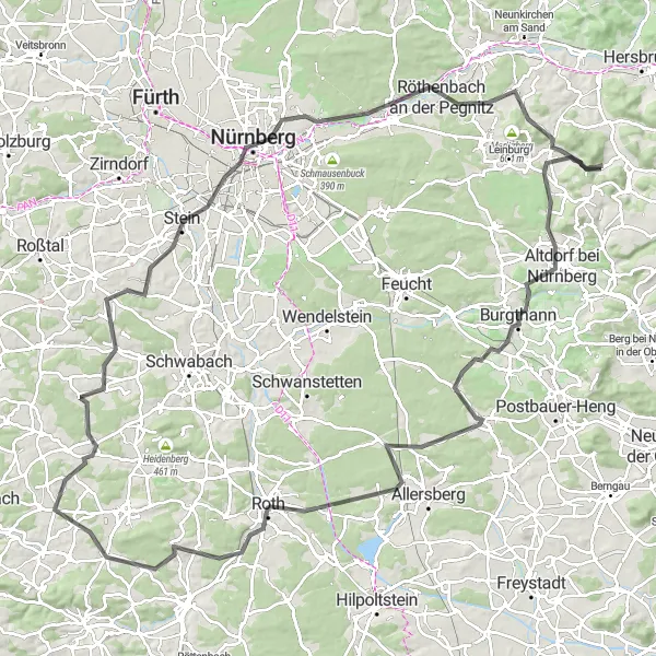 Karten-Miniaturansicht der Radinspiration "Road-Tour Buchenberg - Reuther Berg" in Mittelfranken, Germany. Erstellt vom Tarmacs.app-Routenplaner für Radtouren