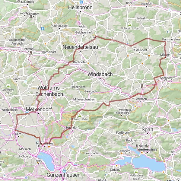 Karten-Miniaturansicht der Radinspiration "Von Ornbau nach Muhr am See" in Mittelfranken, Germany. Erstellt vom Tarmacs.app-Routenplaner für Radtouren