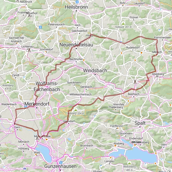 Map miniature of "Gravel Adventure" cycling inspiration in Mittelfranken, Germany. Generated by Tarmacs.app cycling route planner