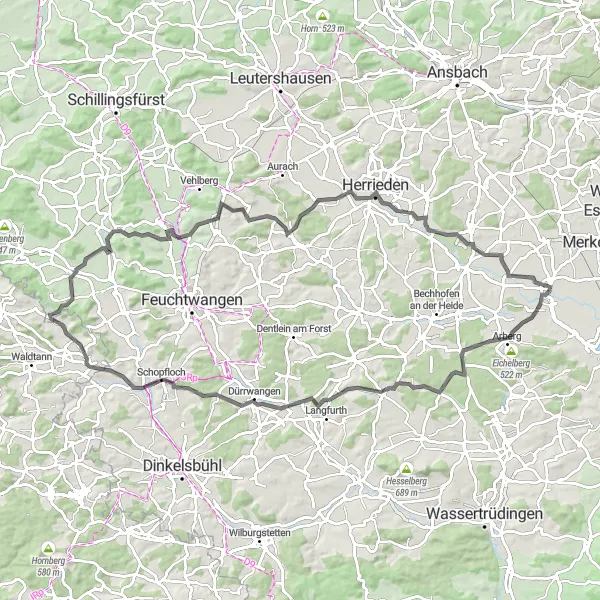 Map miniature of "The Wolfsbühl Adventure" cycling inspiration in Mittelfranken, Germany. Generated by Tarmacs.app cycling route planner