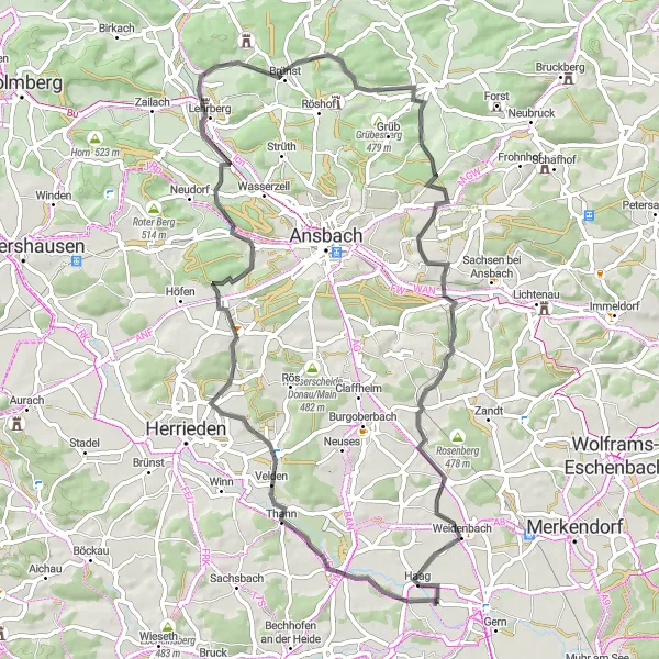 Map miniature of "Ansbach Loop" cycling inspiration in Mittelfranken, Germany. Generated by Tarmacs.app cycling route planner
