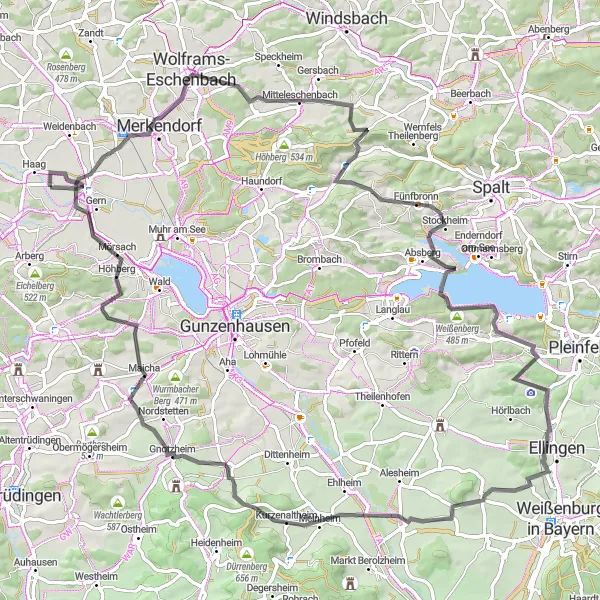 Karten-Miniaturansicht der Radinspiration "Herausfordernde Strecke durch Mittelfranken" in Mittelfranken, Germany. Erstellt vom Tarmacs.app-Routenplaner für Radtouren