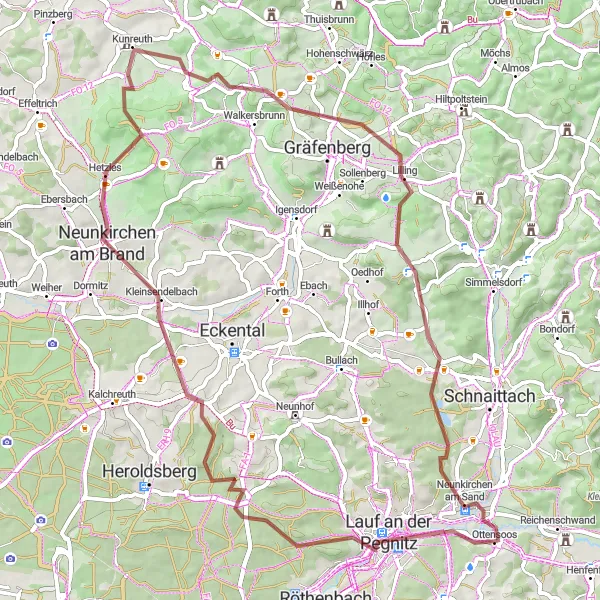 Map miniature of "Hetzleser Berg and Kunreuth Ride" cycling inspiration in Mittelfranken, Germany. Generated by Tarmacs.app cycling route planner