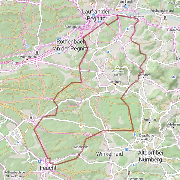 Map miniature of "The Hidden Gems" cycling inspiration in Mittelfranken, Germany. Generated by Tarmacs.app cycling route planner