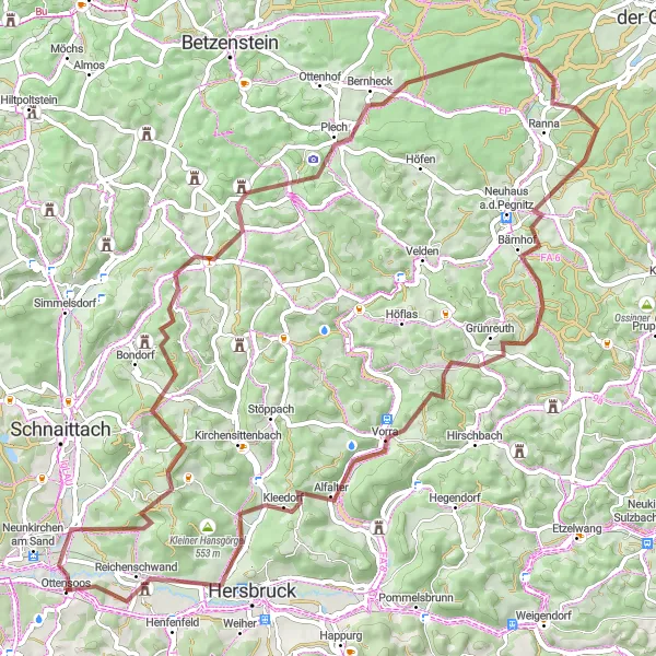 Map miniature of "The Gravel Adventure" cycling inspiration in Mittelfranken, Germany. Generated by Tarmacs.app cycling route planner