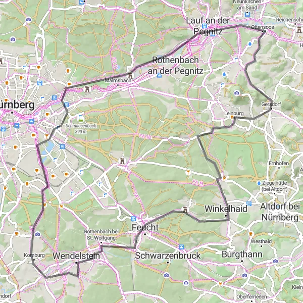 Karten-Miniaturansicht der Radinspiration "Panoramafahrt von Reuther Berg nach Neunkirchen am Sand" in Mittelfranken, Germany. Erstellt vom Tarmacs.app-Routenplaner für Radtouren