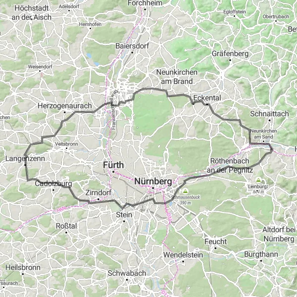 Map miniature of "The Nürnberg Loop" cycling inspiration in Mittelfranken, Germany. Generated by Tarmacs.app cycling route planner