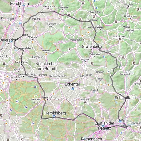 Karten-Miniaturansicht der Radinspiration "Die Hügel von Mittelfranken" in Mittelfranken, Germany. Erstellt vom Tarmacs.app-Routenplaner für Radtouren