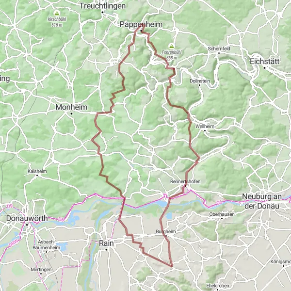 Karten-Miniaturansicht der Radinspiration "Pappenheim Gravel Tour" in Mittelfranken, Germany. Erstellt vom Tarmacs.app-Routenplaner für Radtouren