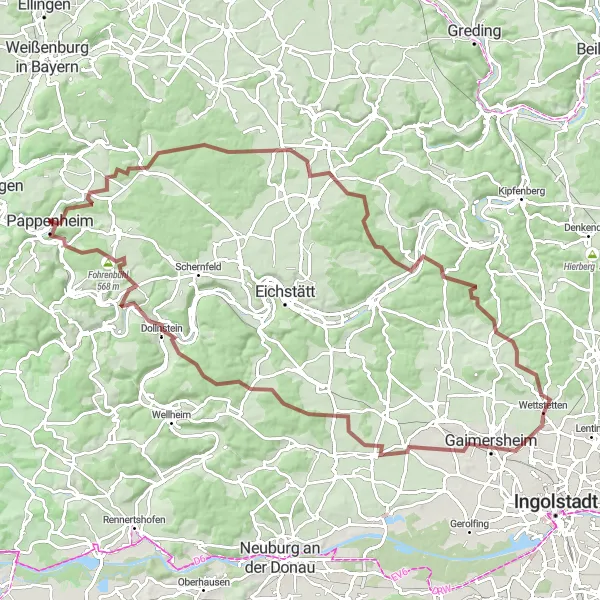 Karten-Miniaturansicht der Radinspiration "Herausfordernde Gravel-Tour um Pappenheim" in Mittelfranken, Germany. Erstellt vom Tarmacs.app-Routenplaner für Radtouren