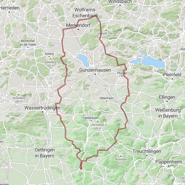 Map miniature of "Challenging Gravel Loop through Mittelfranken" cycling inspiration in Mittelfranken, Germany. Generated by Tarmacs.app cycling route planner