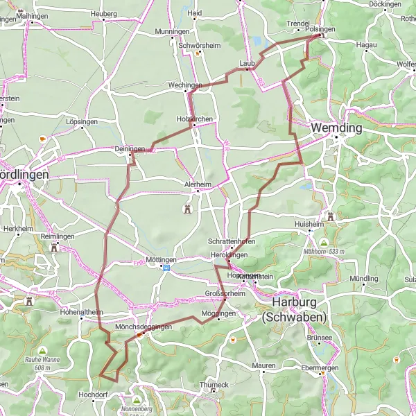 Karten-Miniaturansicht der Radinspiration "Gravel-Abenteuer um Polsingen" in Mittelfranken, Germany. Erstellt vom Tarmacs.app-Routenplaner für Radtouren