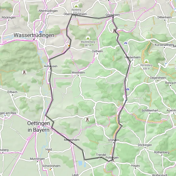 Map miniature of "Short Tour to Schloss Polsingen" cycling inspiration in Mittelfranken, Germany. Generated by Tarmacs.app cycling route planner