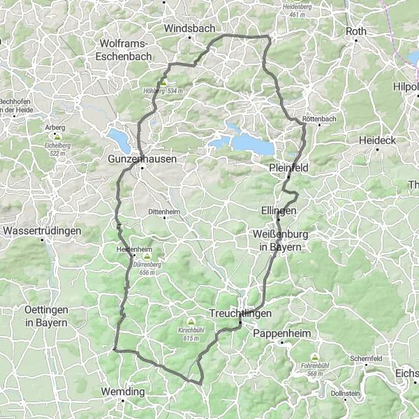 Map miniature of "The Hills of Mittelfranken" cycling inspiration in Mittelfranken, Germany. Generated by Tarmacs.app cycling route planner