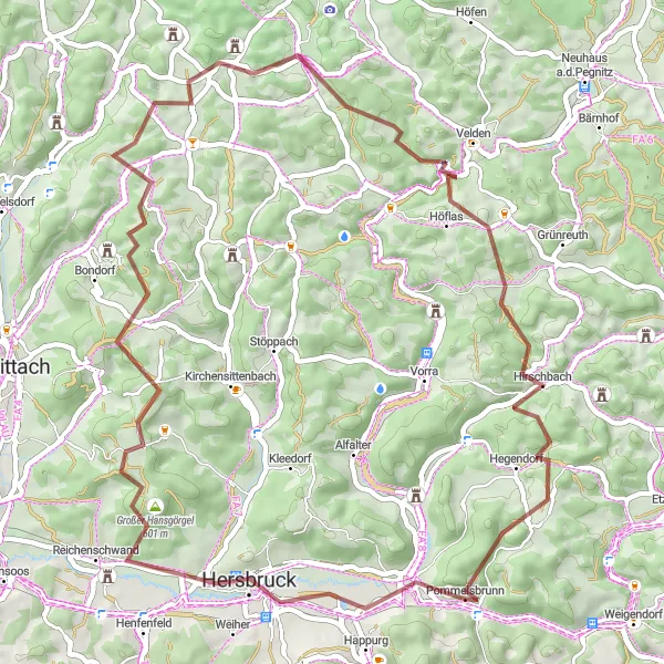 Map miniature of "Gravel Adventure and Natural Wonders" cycling inspiration in Mittelfranken, Germany. Generated by Tarmacs.app cycling route planner