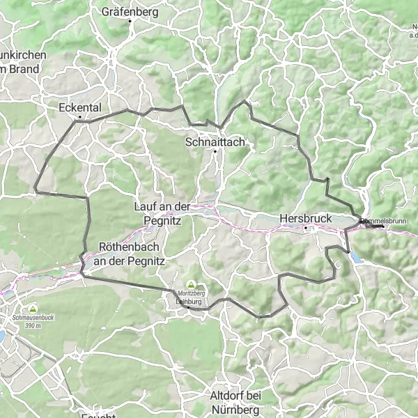 Map miniature of "Hill Climbing" cycling inspiration in Mittelfranken, Germany. Generated by Tarmacs.app cycling route planner