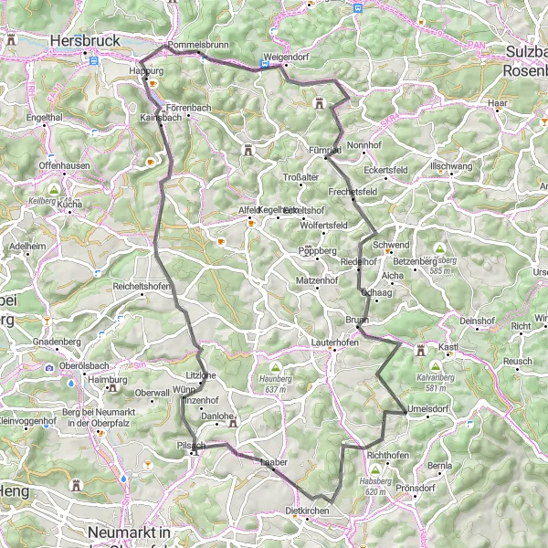 Map miniature of "Historical Sites and Charming Landscapes" cycling inspiration in Mittelfranken, Germany. Generated by Tarmacs.app cycling route planner