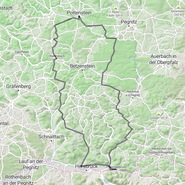 Karten-Miniaturansicht der Radinspiration "Rund um Pommelsbrunn Road Cycling Route" in Mittelfranken, Germany. Erstellt vom Tarmacs.app-Routenplaner für Radtouren