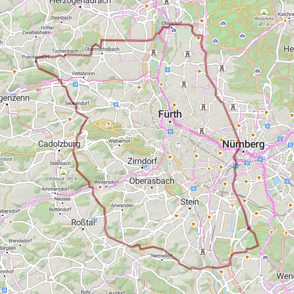 Karten-Miniaturansicht der Radinspiration "Rundfahrt von Puschendorf" in Mittelfranken, Germany. Erstellt vom Tarmacs.app-Routenplaner für Radtouren