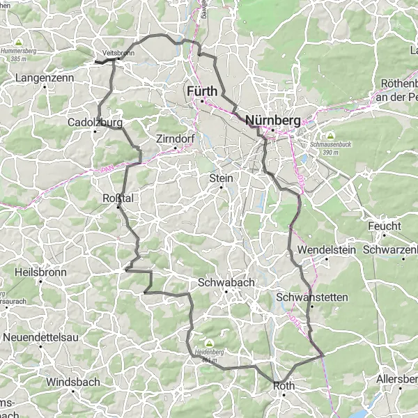 Karten-Miniaturansicht der Radinspiration "Panorama-Radtour durch Mittelfranken" in Mittelfranken, Germany. Erstellt vom Tarmacs.app-Routenplaner für Radtouren