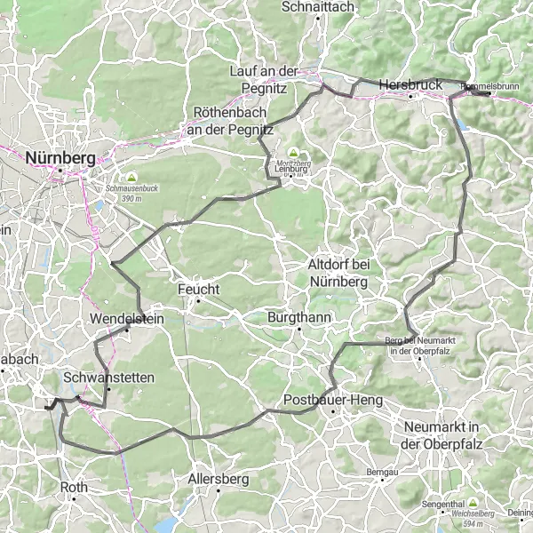 Map miniature of "Ultimate Road Cycling Challenge in the Rednitzhembach Region" cycling inspiration in Mittelfranken, Germany. Generated by Tarmacs.app cycling route planner