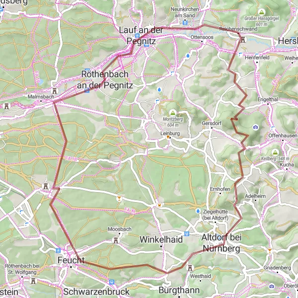 Map miniature of "The Gravel Gem" cycling inspiration in Mittelfranken, Germany. Generated by Tarmacs.app cycling route planner