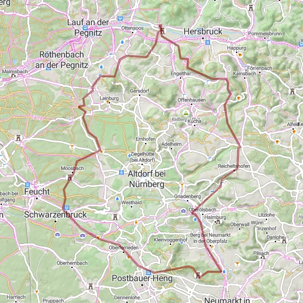 Karten-Miniaturansicht der Radinspiration "Gravelabenteuer im Nürnberger Land" in Mittelfranken, Germany. Erstellt vom Tarmacs.app-Routenplaner für Radtouren