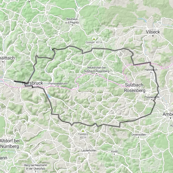 Map miniature of "The Hilly Adventure" cycling inspiration in Mittelfranken, Germany. Generated by Tarmacs.app cycling route planner