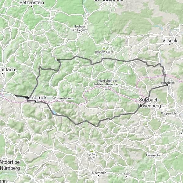 Map miniature of "Sandberg Loop" cycling inspiration in Mittelfranken, Germany. Generated by Tarmacs.app cycling route planner