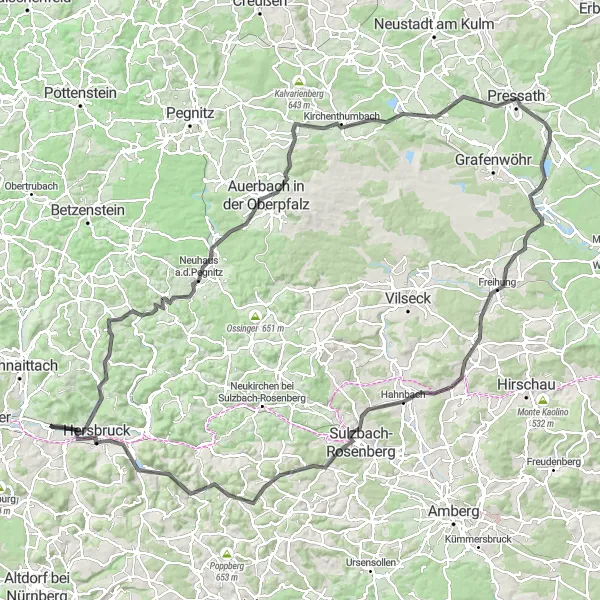 Karten-Miniaturansicht der Radinspiration "Rundbahn durch Obpfälzer Höhen" in Mittelfranken, Germany. Erstellt vom Tarmacs.app-Routenplaner für Radtouren